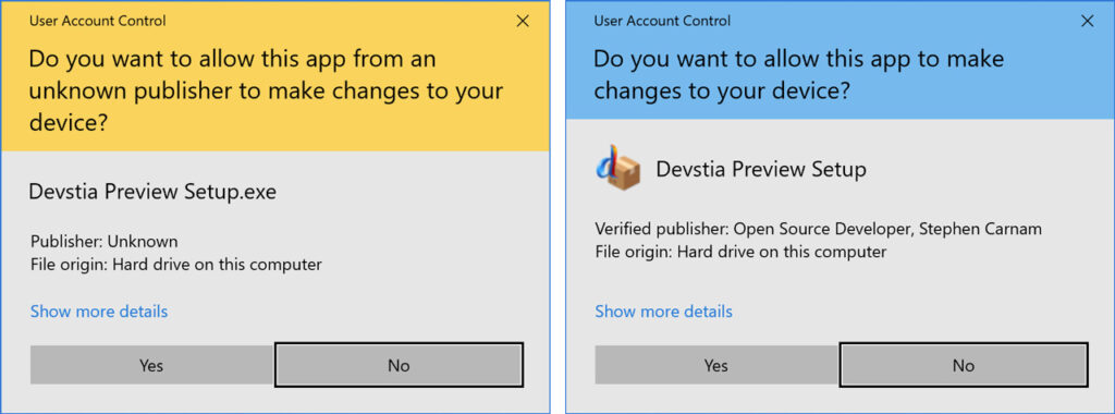 Two screenshot examples of a Microsoft Windows message box showing publisher unknown verse verified publisher.